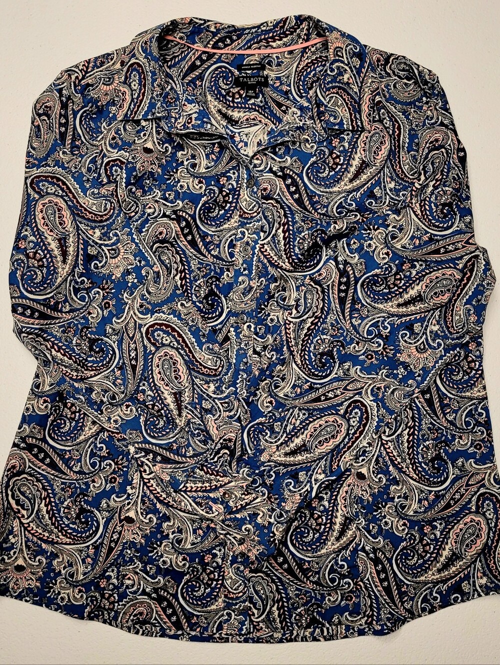Talbots Paisley Button Down Shirt Blue Pink Gray Womens 16P Petites Cotton Blend